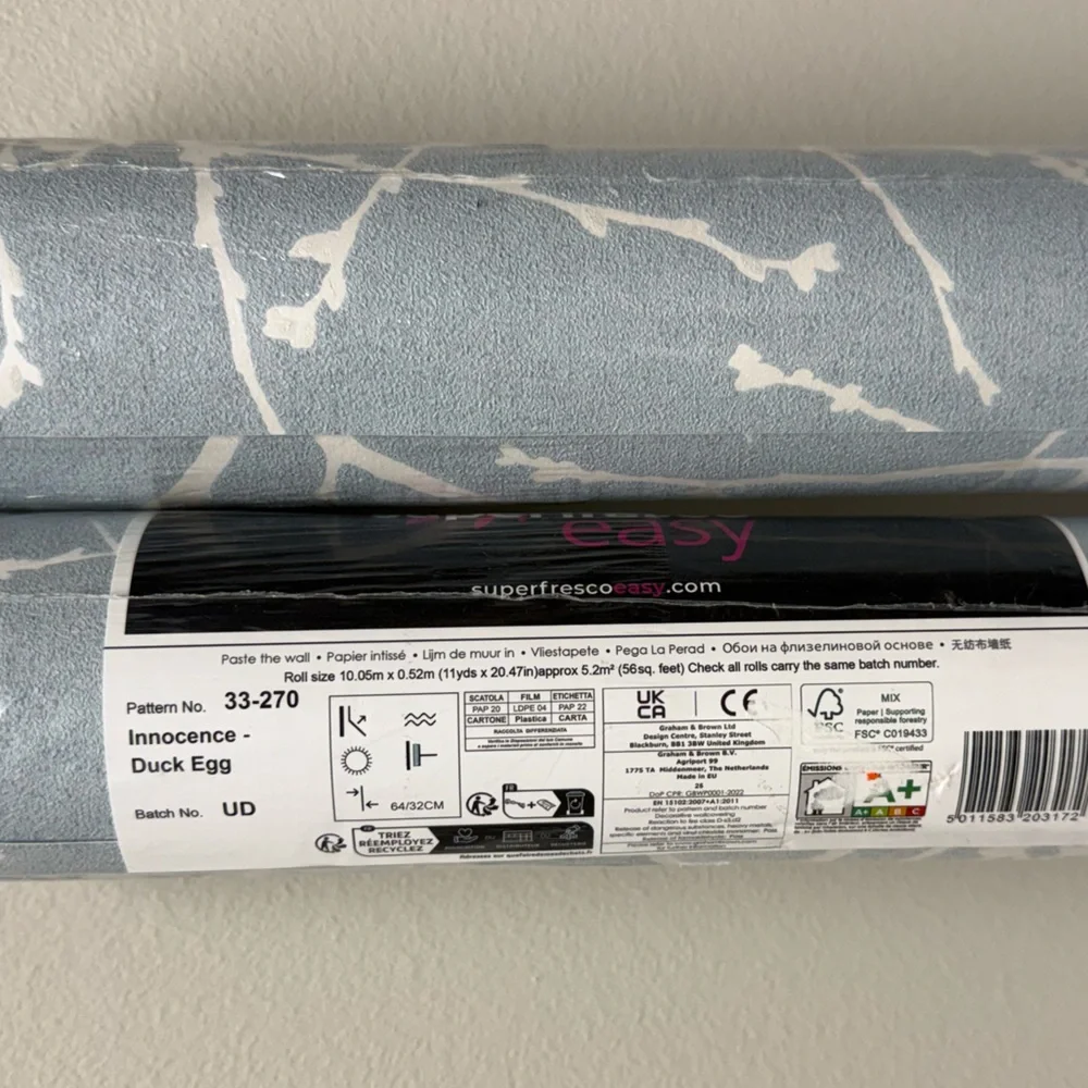 New 2 rolls Innocence Duck Egg Wallpaper by Graham & Brown